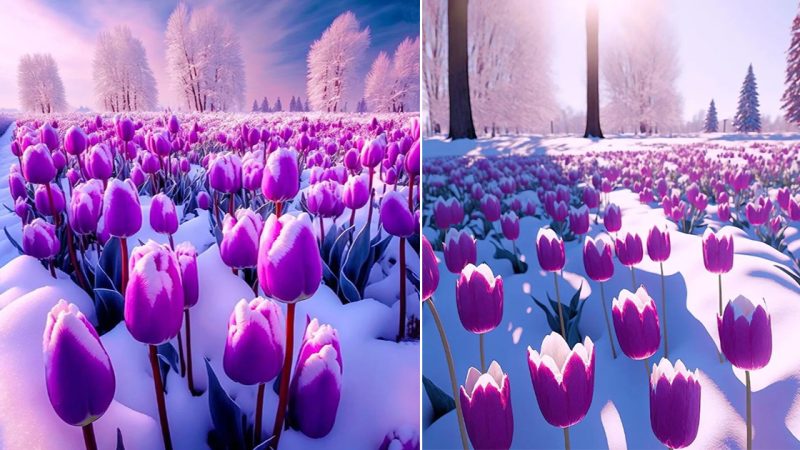 Timeless Beauty: Multicolored Tulip Garden Shining Brightly Under the Sunlit Snow