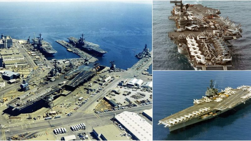 Three Aircraft Carriers at Hunter’s Point Naval Shipyard: An Aerial View of USS Ranger, USS Coral Sea, and USS Hancock on 25 August 1971