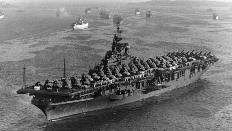 USS Lake Champlain (CV-39) Anchored in Hampton Roads with Carrier Air Group 150, August 1945